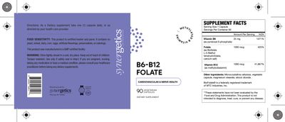 Synergetics, Kosher B6-B12 FOLATE (Vitamin B6 25mg, Vitamin B12 1000mcg w/ Folate 1000mcg) For Cardiovascular Nerve Health - 90 Vegetarian Capsules