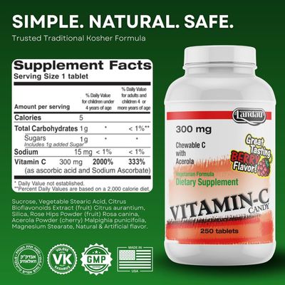 Landau, Kosher Chewable VITAMIN-C CANDY 300mg, Berry Flavor - 250 Tablets