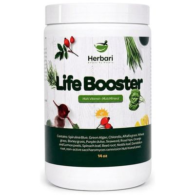 Herbari, Kosher LIFE BOOSTER, Multi Vitamin &amp; Multi Mineral, Green Powder - 14 oz. (Aprox 396 grams)