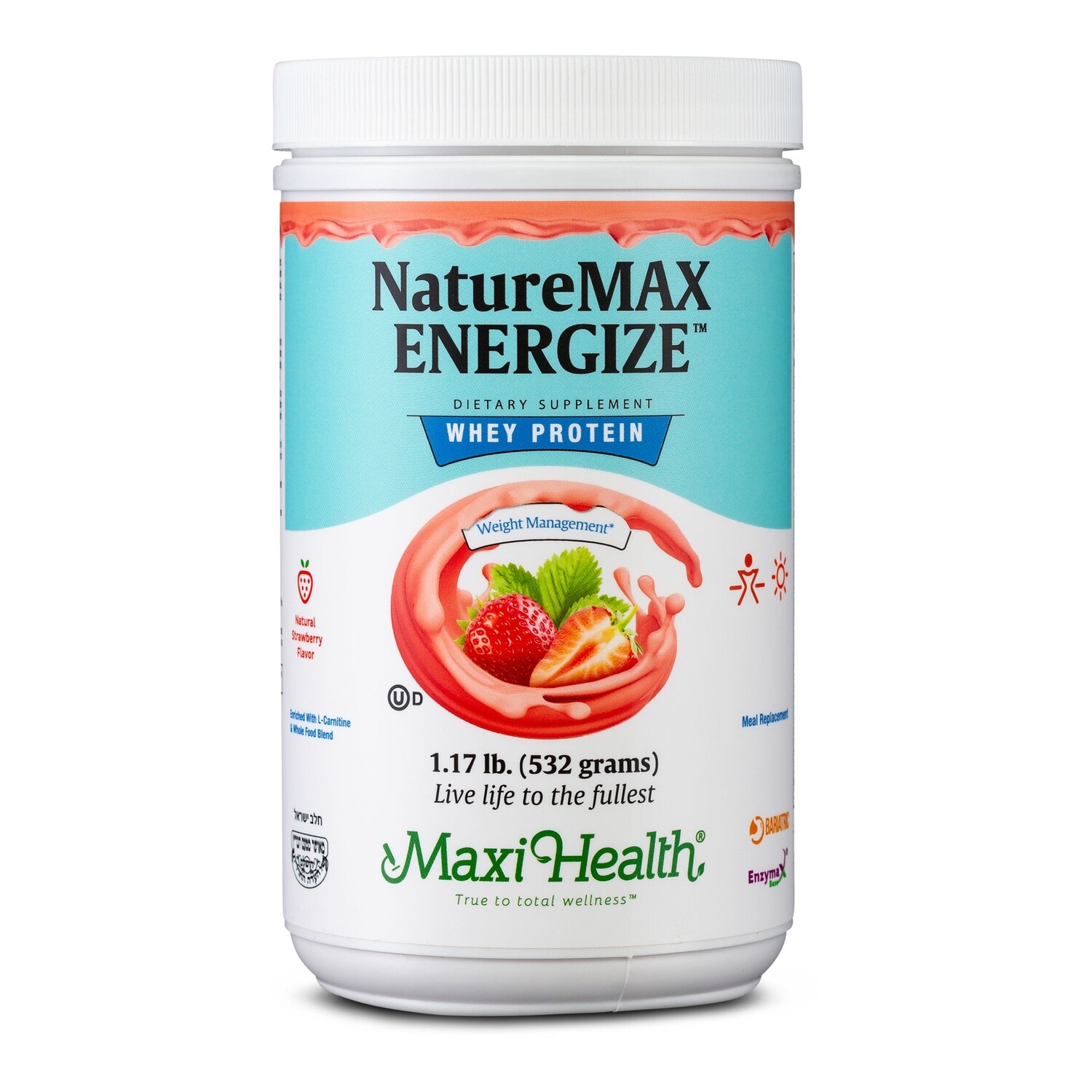 Maxi Health, Kosher NatureMAX ENERGIZE, Whey Protein Powder, Dairy Cholov Yisroel, Strawberry Flavor - 1.17 Lb.