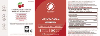 ProDermix, Kosher APD 30, CHEWABLE Probiotic Supplement, 30 Billion CFU, Cherry Flavor - 60 Chewable Tablets