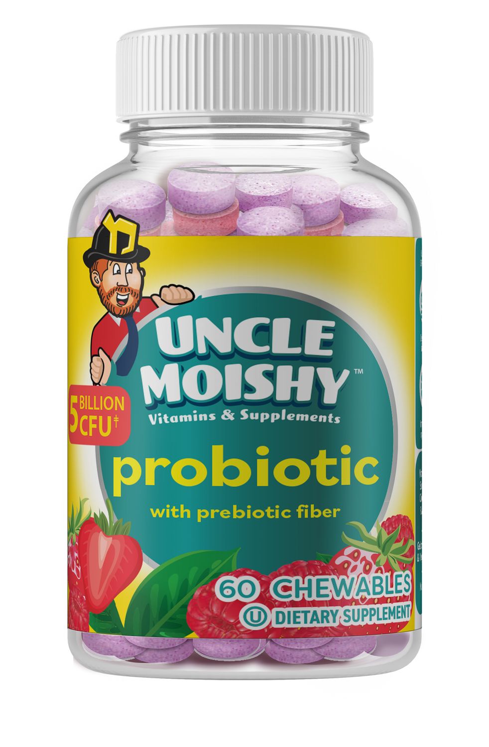 Uncle Moishy, Kosher PROBIOTIC 5 Billion CFU, with Prebiotic Fiber - 100 Chewable Tablets