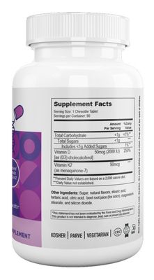Nutri Supreme, Kosher K2 WITH D3 CHEWS (Vitamin D3 2000IU &amp; Vitamin K2 90mcg), Grape Flavor - 90 Chewable Tablets #77