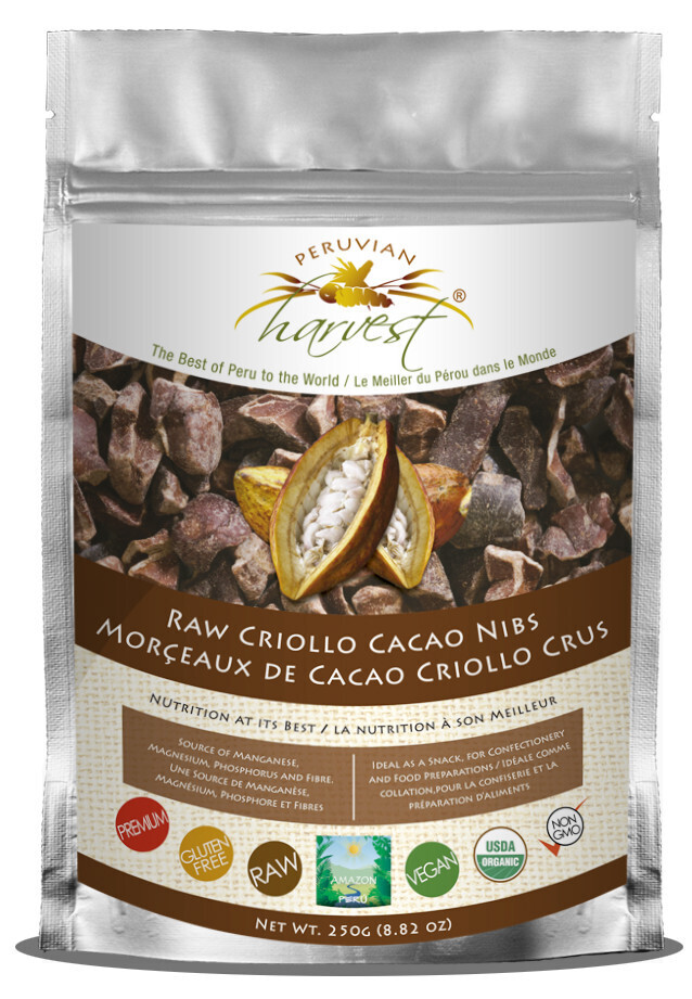 UHTCO, Peruvian Harvest, RAW CRIOLLO CACAO (Chocolate) NIBS - 250 grams (8.82 oz) "Not Sweet"