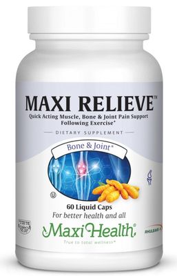 Maxi Health, Kosher MAXI RELIEVE, Quick Acting Muscle, Bone &amp; Joint Pain Support (Turmeric Boswellia for Inflammation) - 60 Liquid Capsules