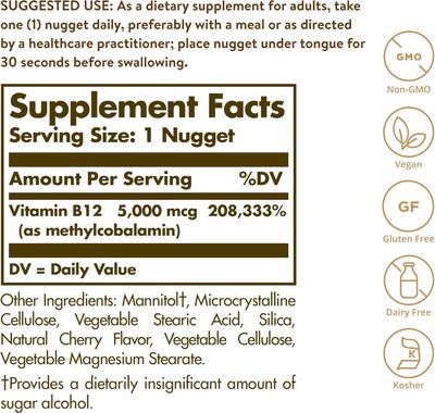 Solgar, Kosher Vitamin B12 (5000 mcg) Sublingual Methylcobalamin, Cherry Flavor, Chewable - 60 Nuggets