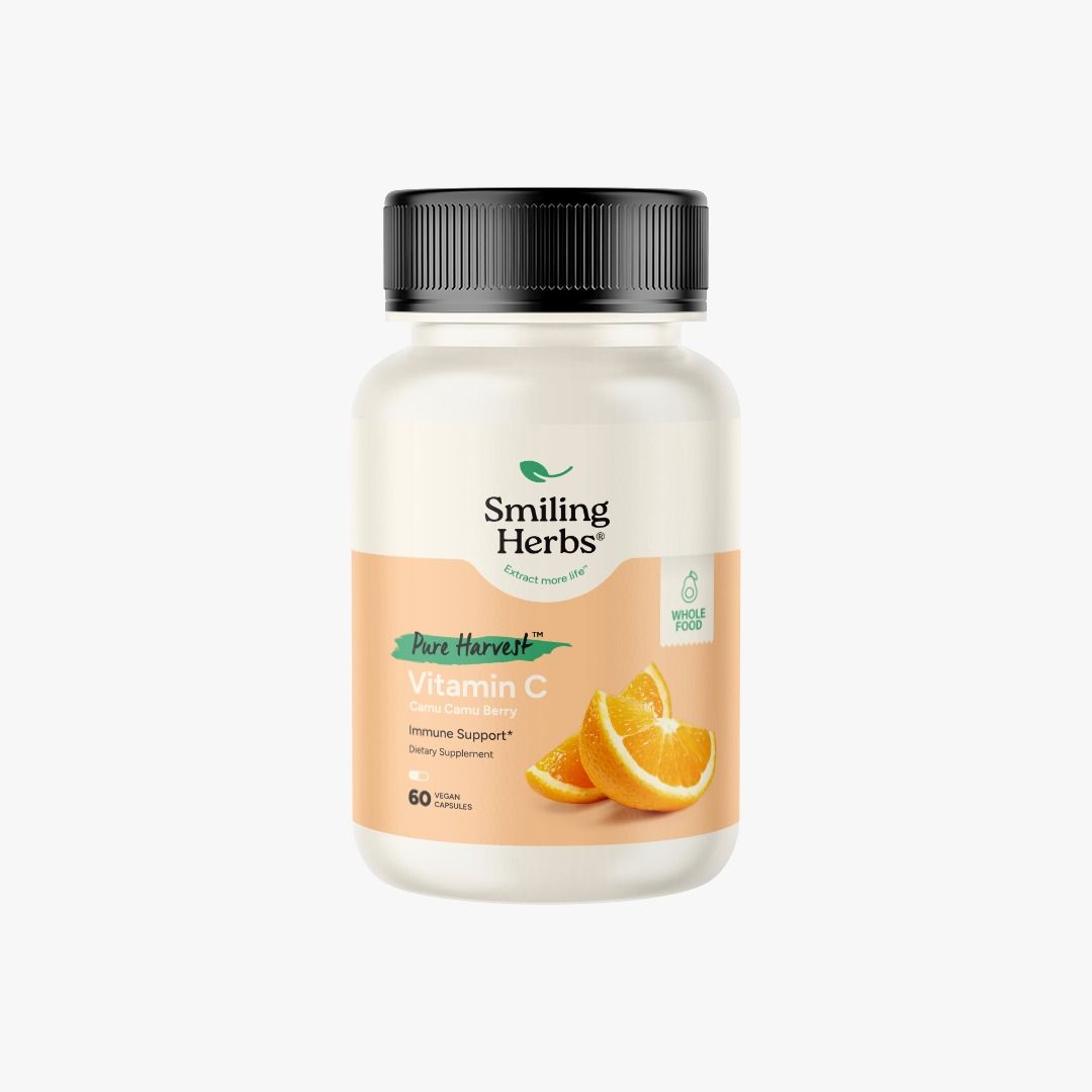Smiling Herbs, Pure Harvest, Kosher VITAMIN C 300mg, Immune Support, Camu Camu Berry - 60 Vegetarian Capsules
