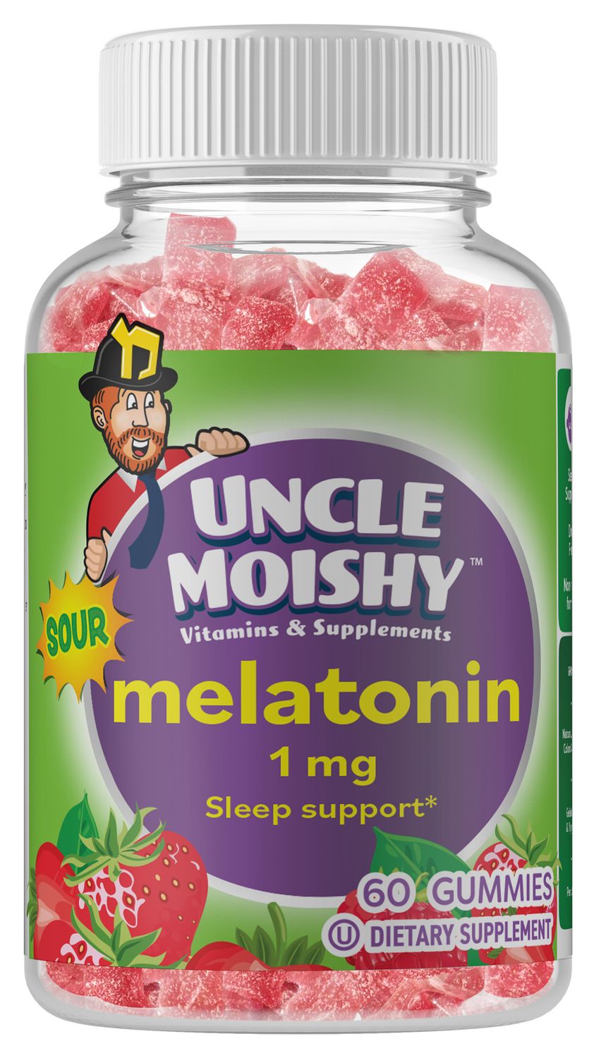 Uncle Moishy, Kosher Sour MELATONIN 1 mg, Sleep Support - 60 Gummies