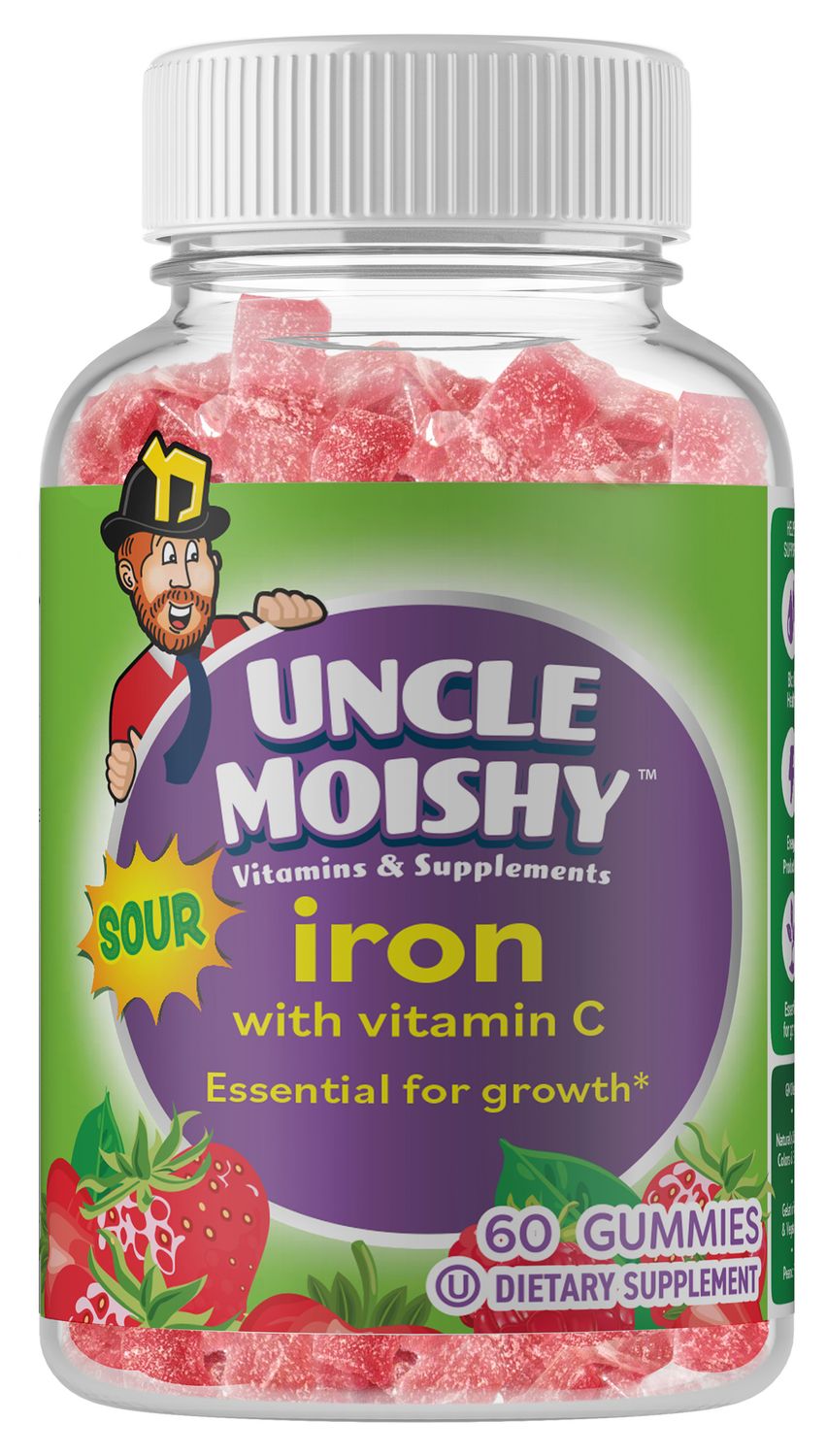 Uncle Moishy, Kosher Sour IRON with Vitamin C, Essential for Growth - 60 Gummies
