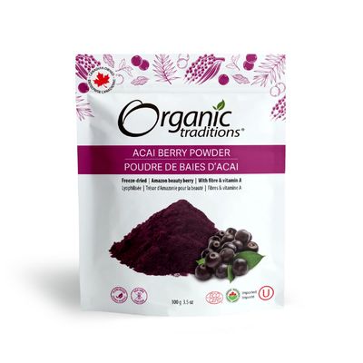 Organic Traditions, Kosher ACAI BERRY POWDER, Freeze-Dried, With Fibre &amp; Vitamin A - 100 g (3.5 oz)