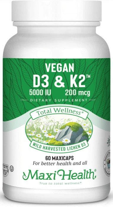 Maxi Health, Kosher VEGAN D3 &amp; K2 (Vit D3 5000IU &amp; K2 200mcg) - 60 Vegetarian Capsules