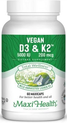 Maxi Health, Kosher VEGAN D3 &amp; K2 (Vit D3 5000IU &amp; K2 200mcg) - 60 Vegetarian Capsules