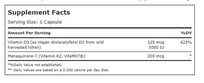 Maxi Health, Kosher VEGAN D3 &amp; K2 (Vit D3 5000IU &amp; K2 200mcg) - 60 Vegetarian Capsules
