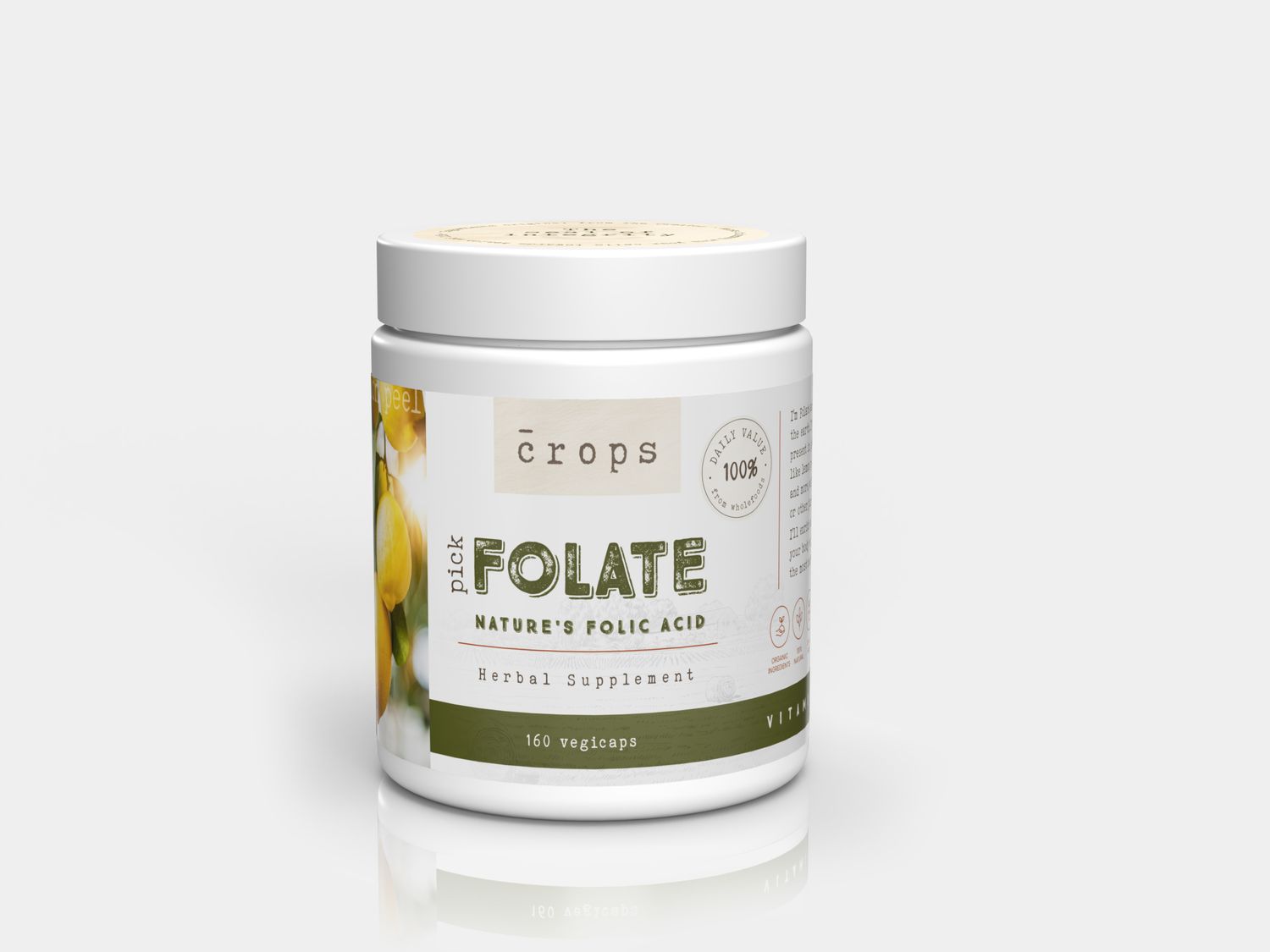 Crops, Kosher Pick FOLATE 600mcg, Nature's Folic Acid - 160 Vegetarian Capsules