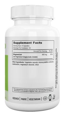 Nutri Supreme, Kosher MAGNESIUM BISGLYCINATE CHELATE 400mg, Fully Reacted - 120 Vegetarian Capsules - Easy to Swallow #26