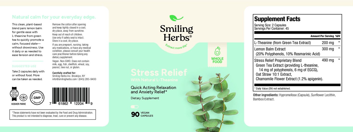 Smiling Herbs, Kosher STRESS RELIEF, Quick Acting Relaxation &amp; Anxiety Relief - 90 Vegetarian Capsules