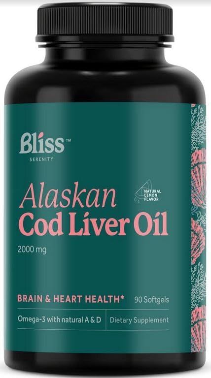Bliss Serenity, Kosher Alaskan Cod Liver Oil 2000mg, Brain &amp; Heart Health, Natural Lemon Flavor, Size: 90 Softgels