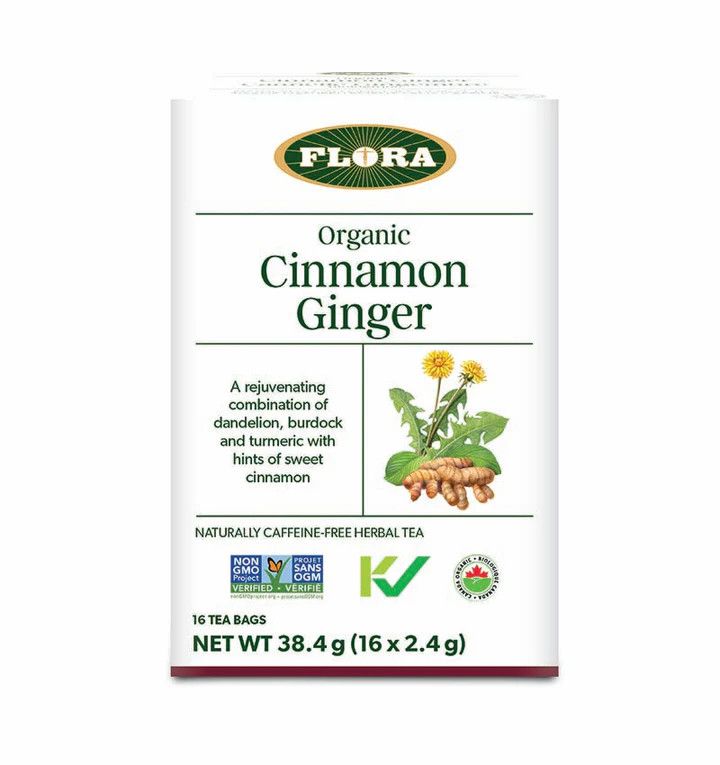 Flora, Kosher Cinnamon Ginger Tea Organic (Formerly Tea-Tox), Herbal Tea Blend - 16 Fresh Sealed Tea Bags