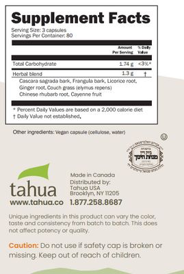 Tahua, Kosher ACTION, Reduces Occasional Constipation, Herbal Laxative - 240 Vegetarian Capsules -  Kosher for Passover