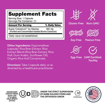 Zahlers, Kosher SUPER COLOSTRUM by Maolac, Supports Immunity + Gut Health &amp; Exercise Recovery - 20 Capsules