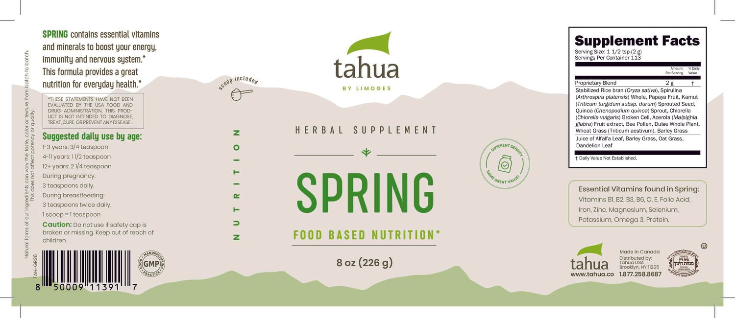 Tahua, Kosher SPRING, Overall Nutrition &amp; Energy Booster, Powder - 8 oz. (226g.)