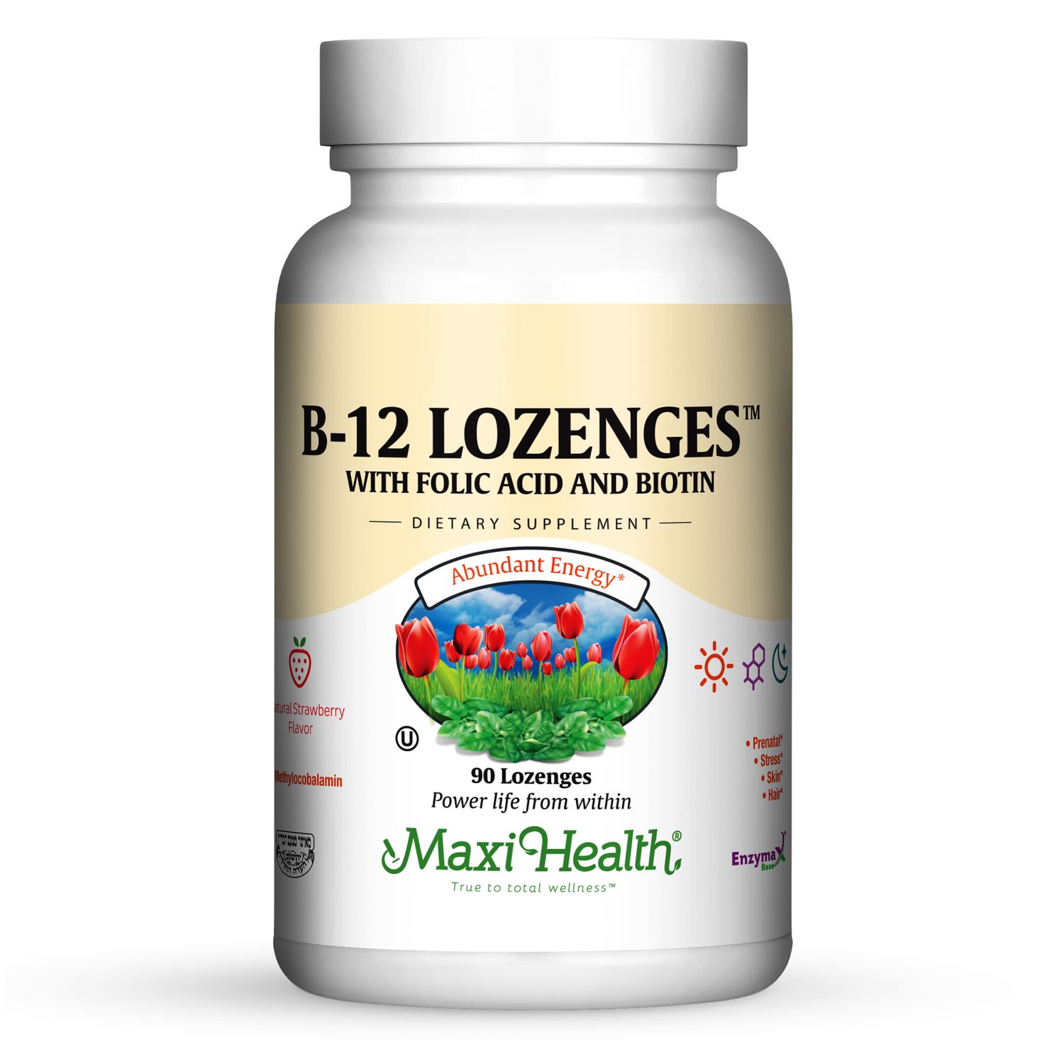 Maxi Health, Kosher B12 LOZENGES (800 mcg) Methylcobalamin, with Folic Acid &amp; Biotin, Strawberry Flavor, Chewables, Size: 90 Lozenges