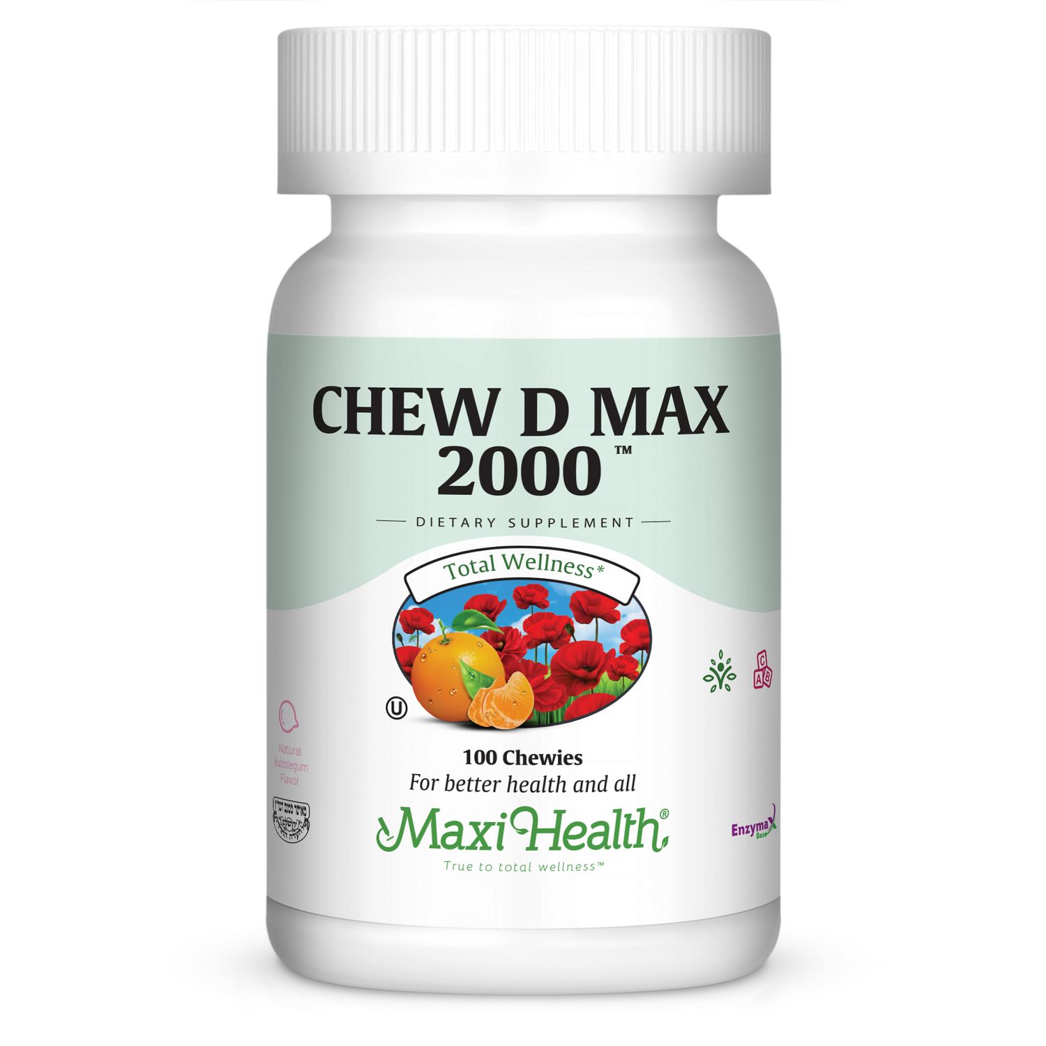 Maxi Health, Kosher CHEW D MAX 2000 (Vitamin D3 2000 IU Chewable), Bubblegum Flavor, Size: 100 Chewies