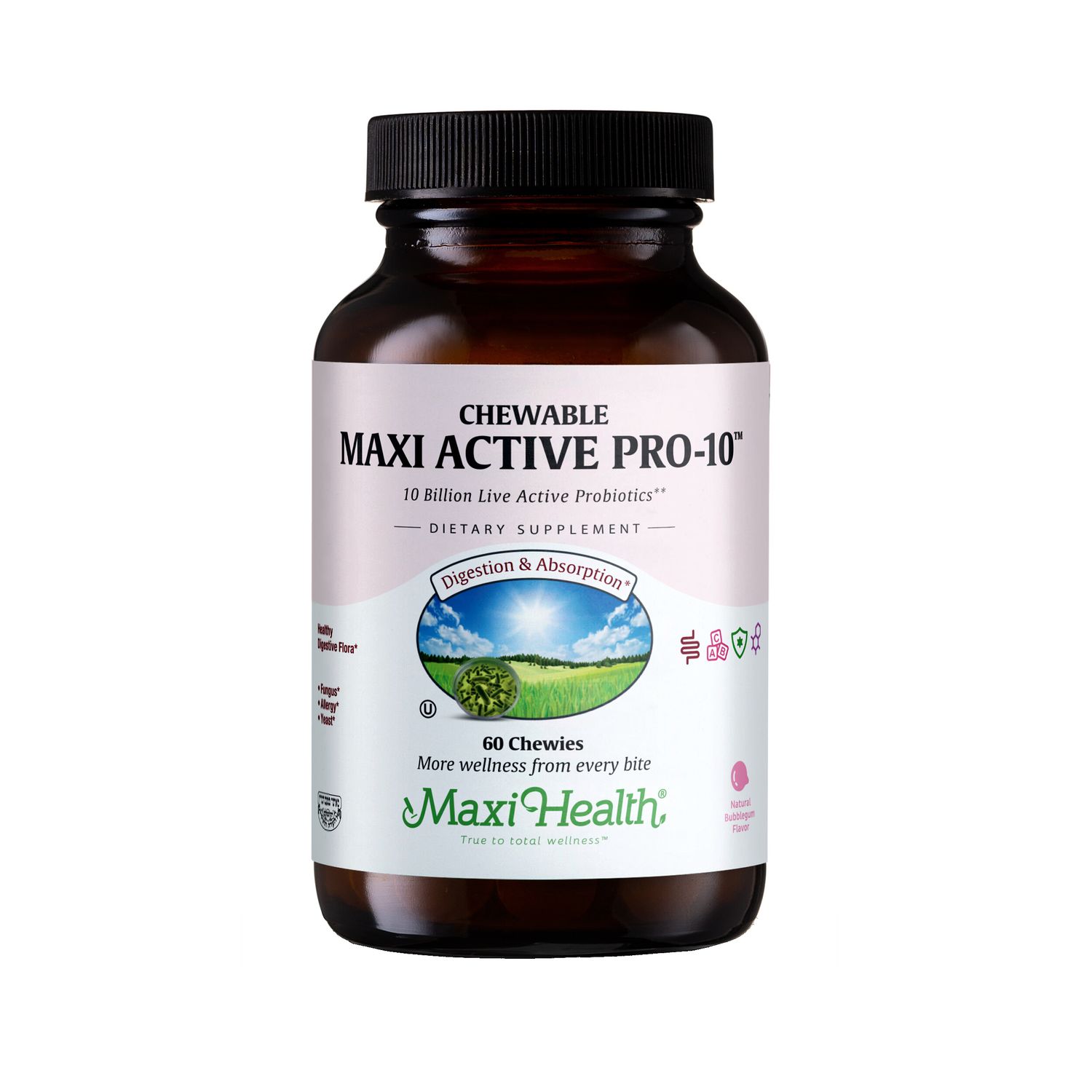 Maxi Health, Kosher MAXI ACTIVE PRO-10 CHEWABLE PROBIOTIC, 10 Billion Live Active Probiotics, Bubblegum Flavor, Size: 60 Chewies