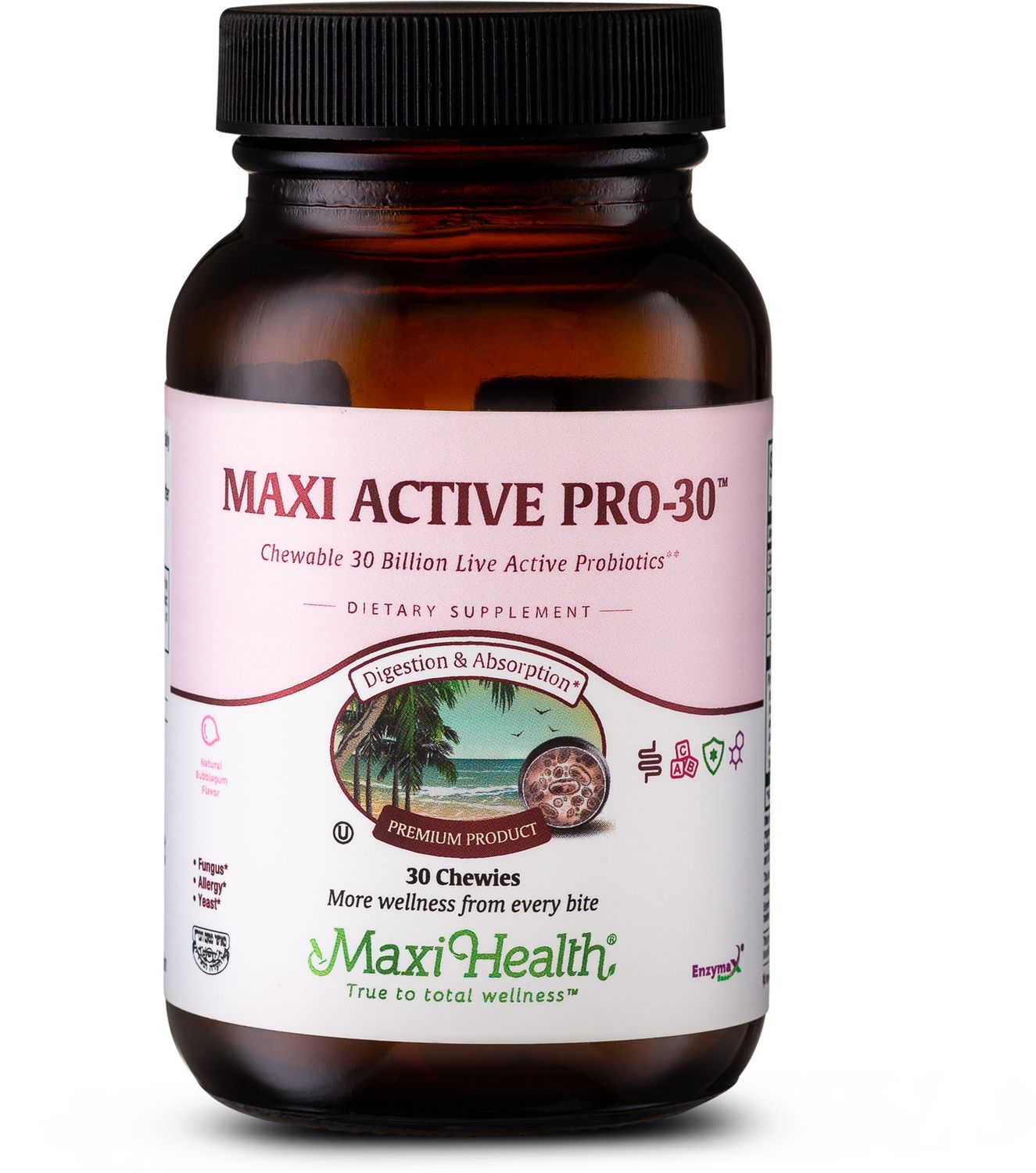 Maxi Health, Kosher MAXI ACTIVE PRO-30, Chewable 30 Billion Live Active Probiotics, Bubblegum Flavor, Size: 30 Chewies