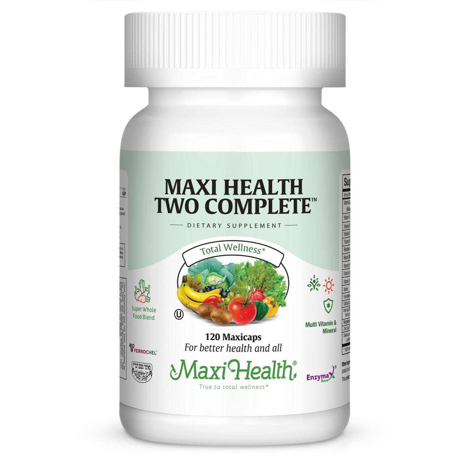 Maxi Health, Kosher MAXI HEALTH TWO COMPLETE, Multi Vitamin &amp; Mineral, Size: 120 Vegetarian Capsules