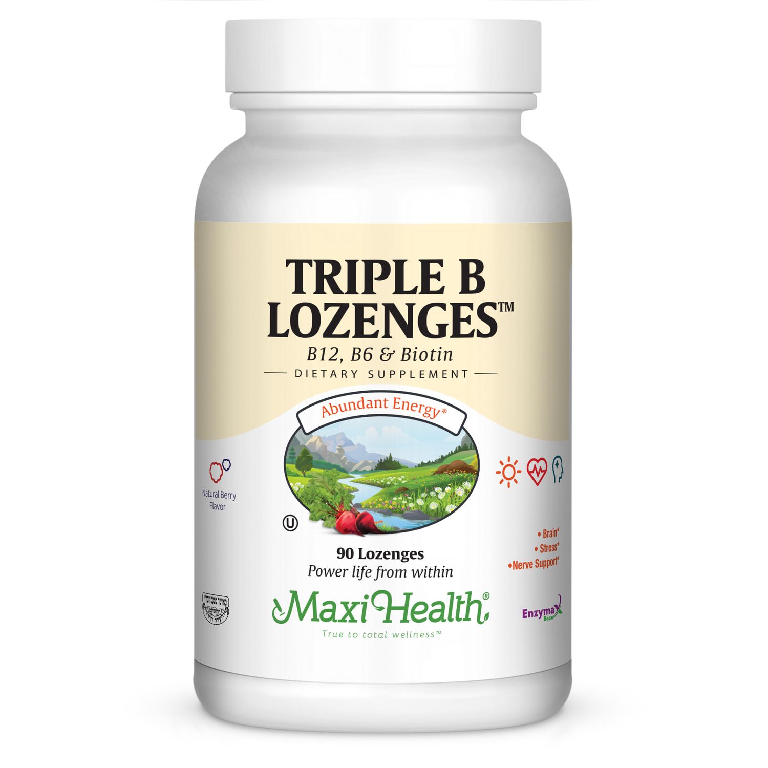 Maxi Health, Kosher TRIPLE B LOZENGES (Vit B12 + B6 &amp; Biotin), Berry Flavor, Chewable, Size: 90 Lozenges