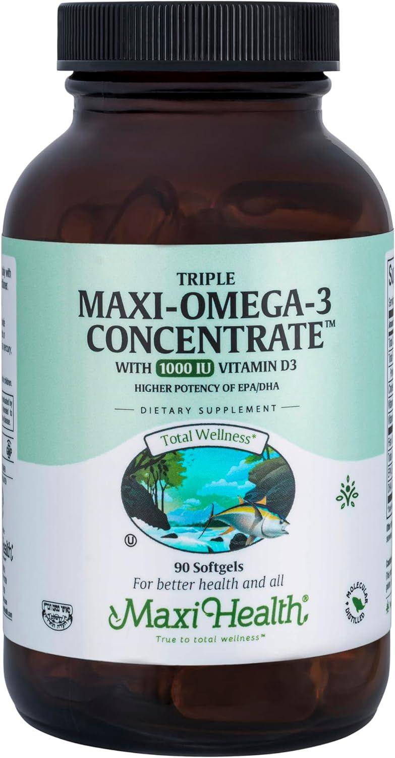 Maxi Health, Kosher TRIPLE MAXI OMEGA 3 CONCENTRATE w/ Vitamin D3 1000 IU, Fish Oil, Size: 90 SoftGels