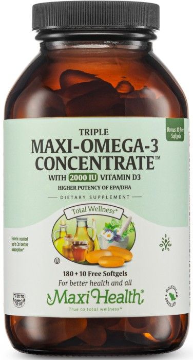 Maxi Health, Kosher TRIPLE MAXI OMEGA 3 CONCENTRATE w/ Vitamin D3 2000 IU, Fish Oil, Size: 90 SoftGels