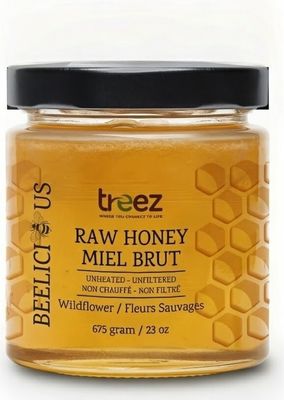 Treez Nutrition, Beelicious, Kosher RAW HONEY, Natural Creamy SUMMER WILDFLOWER / CLOVER (Glass Container) - 675 grams (23 oz.)