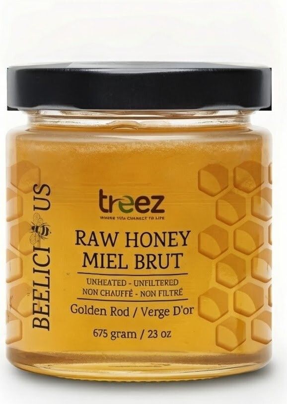 Treez Nutrition, Beelicious, Kosher RAW HONEY, Natural Liquid/Creamy GOLDEN ROD - Fall (Glass Container) - 675 grams (23 oz.)