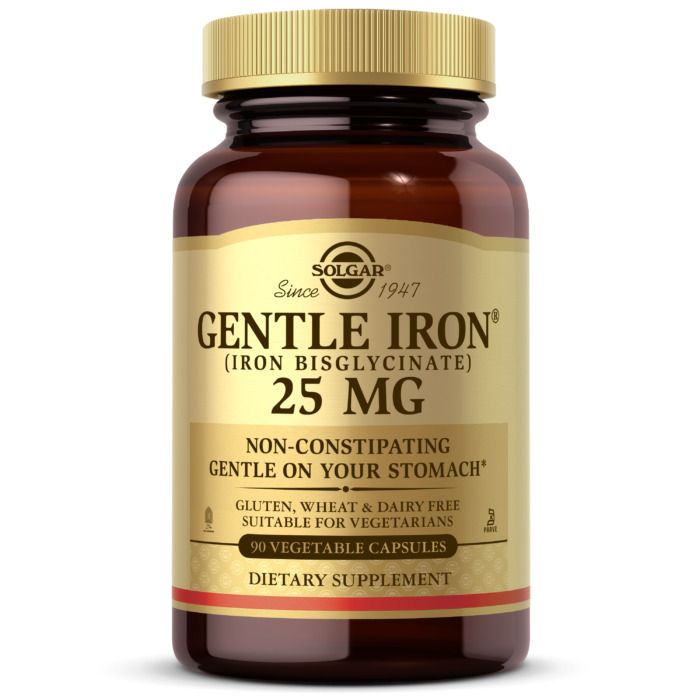 Solgar, Kosher GENTLE IRON (Iron Bisglycinate) 25mg, Non-Constipating, Gentle on Your Stomach, Size: 90 Vegetarian Capsules