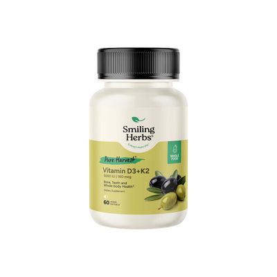 Smiling Herbs, Pure Harvest, Kosher VITAMIN D3 + K2 (D3 5000IU &amp; K2 180 mcg), Bone + Teeth &amp; Whole Body Health - 60 Vegetarian Softgels