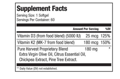 Smiling Herbs, Pure Harvest, Kosher VITAMIN D3 + K2 (D3 5000IU &amp; K2 180 mcg), Bone + Teeth &amp; Whole Body Health - 60 Vegetarian Softgels
