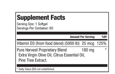 Smiling Herbs, Pure Harvest, Kosher VITAMIN D3 5000IU, Whole Body Wellness - 60 Vegetarian Softgels