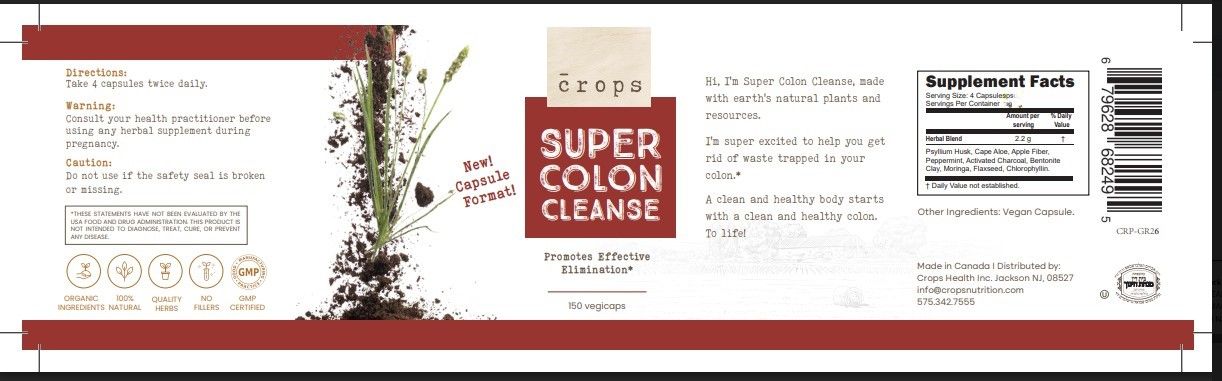 Crops, Kosher SUPER COLON CLEANSE (Fiber with Clay and Charchoal), Promotes Effective Elimination, Size: 150 Vegetarian Capsules