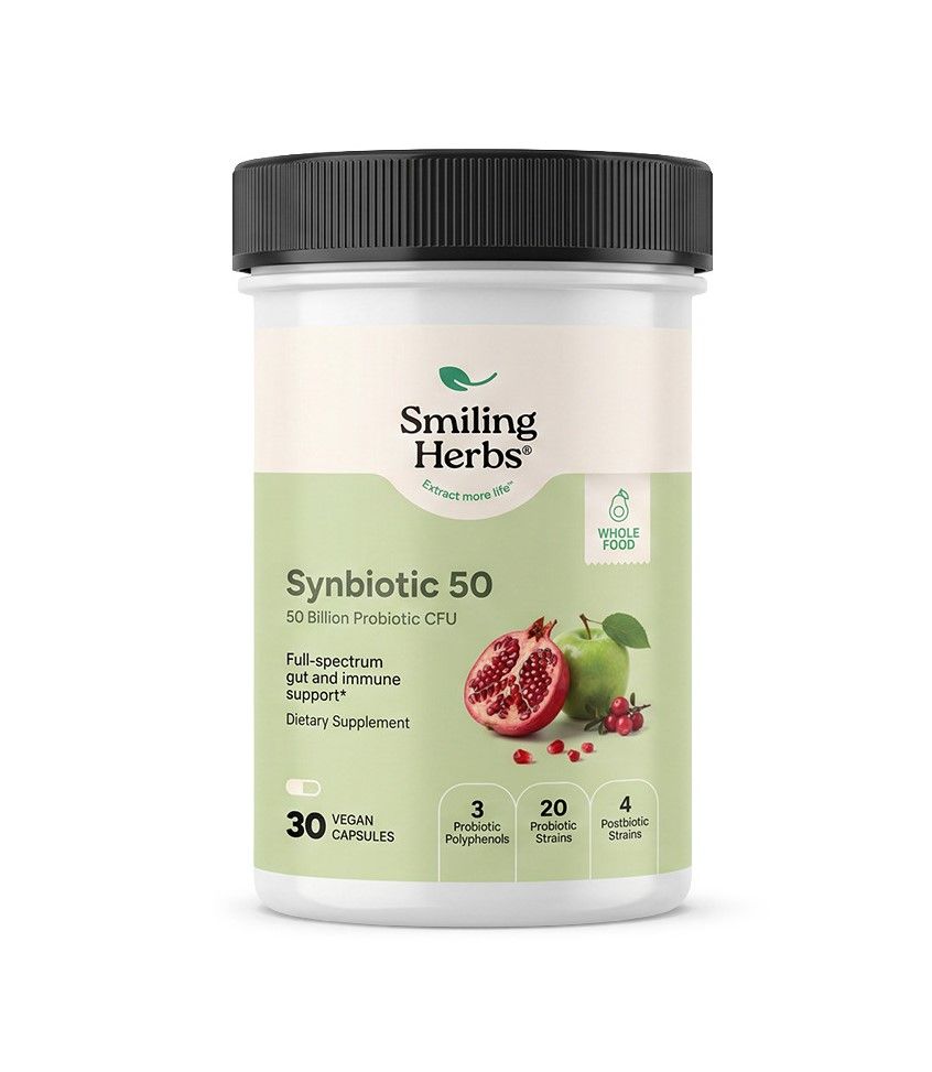 Smiling Herbs, Kosher SYNBIOTIC 50 (50 Billion Probiotic CFU), Full Spectrum Gut &amp; Immune Support, Size: 30 Vegetarian Capsules