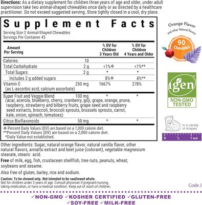 Bluebonnet, Kids, Kosher VITAMIN C Rainforest Animalz, With Bioflavonoids, Orange Flavor - 90 Chewable Tablets