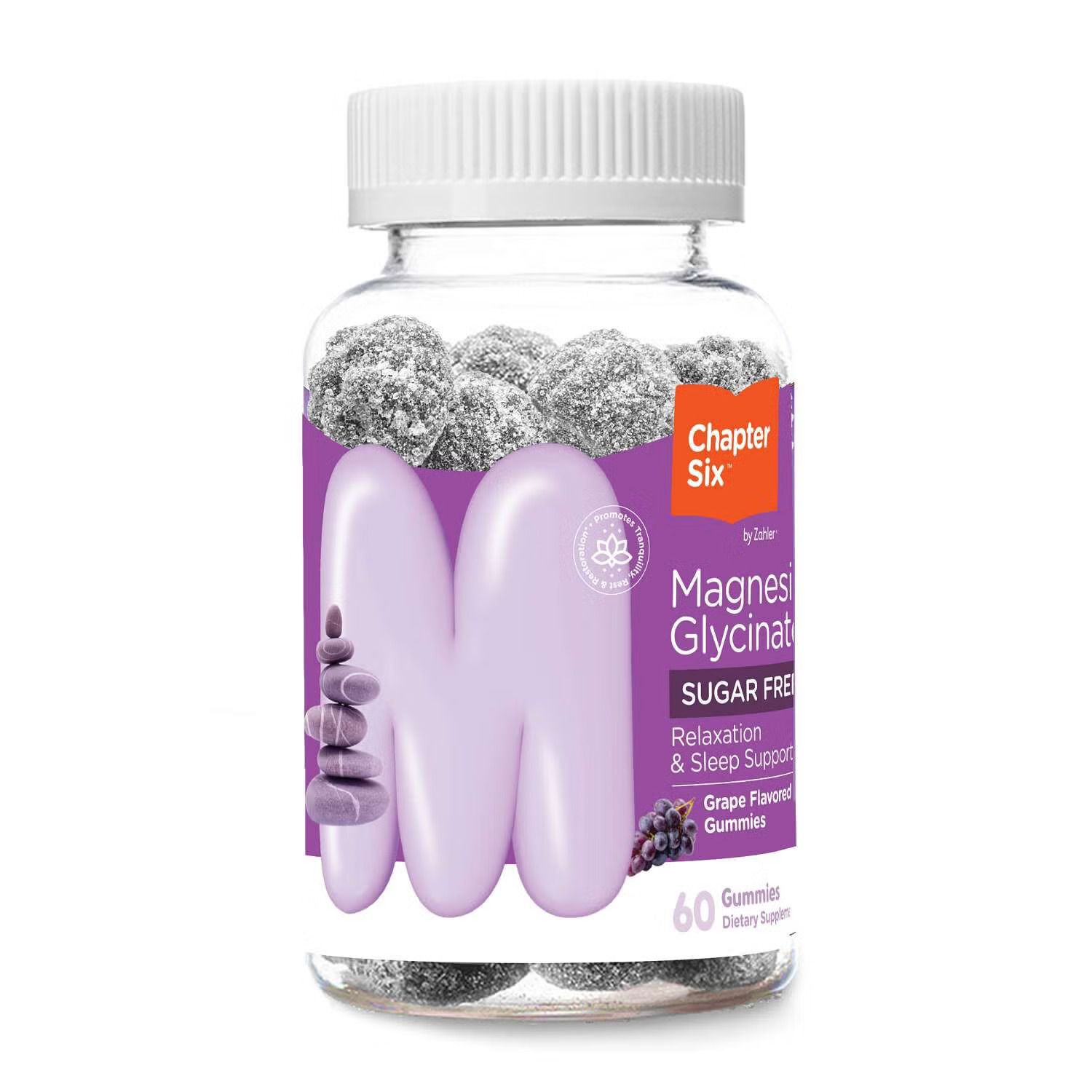 Chapter Six by Zahlers, Kosher MAGNESIUM GLYCINATE GUMMIES 100mg, Sugar Free, Relaxation &amp; Sleep Support, Grape Flavor - 60 Gummies