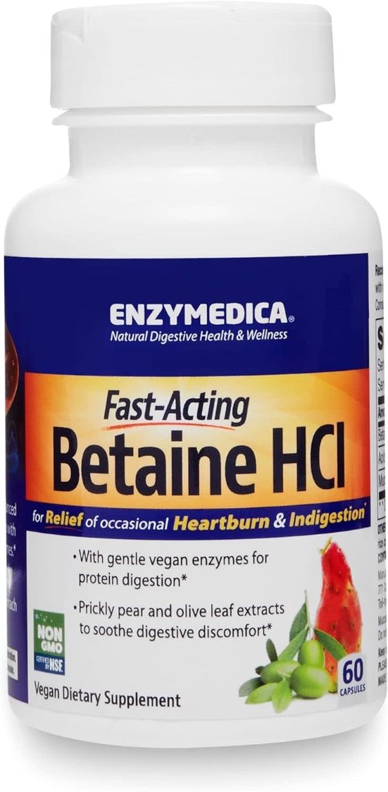 Enzymedica, BETAINE HCI 1300mg, Fast-Acting, For Relief Of Occasional Heartburn &amp; Indigestion, Size: 60 Vegetarian Capsules