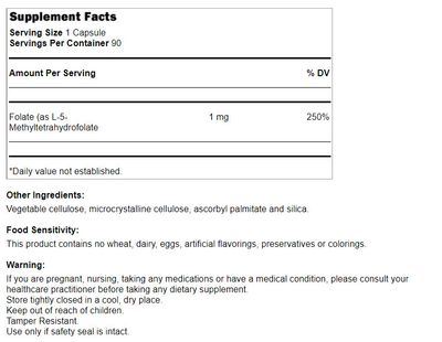 Nutri Supreme, Kosher ADVANCED METHYL FOLATE (MTHF) 1mg, For Optimal Health &amp; Brain Support - 90 Vegetarian Capsules #44