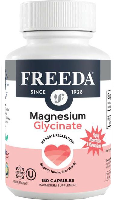 Freeda, Kosher MAGNESIUM GLYCINATE 210mg, Supports Relaxation + Muscle &amp; Bone Health, Size: 180 Vegetarian Capsules