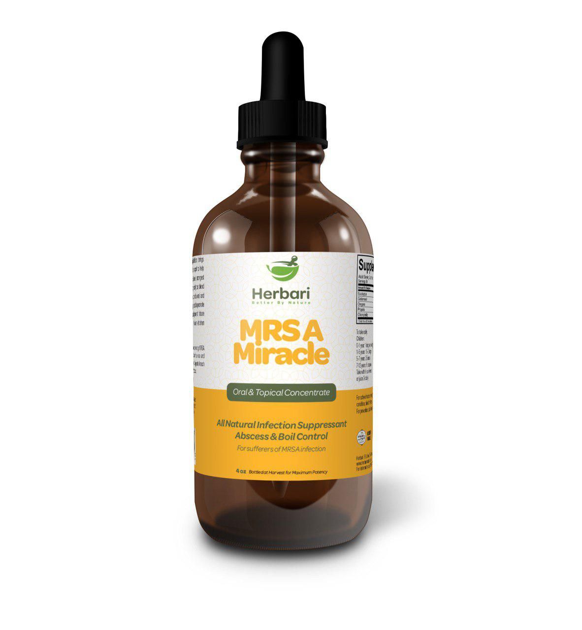 Herbari, Kosher MRSA MIRACLE, Oral &amp; Topical Concentrate For MRSA Infection, Liquid Tincture, Size: 8 Fl. oz (235 mL) - Kosher for Passover