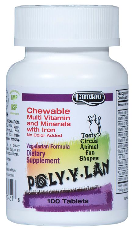 Landau, Kosher POLY-Y-LAN Chewable Multi Vitamin &amp; Minerals, With Iron, Size: 100 Tablets