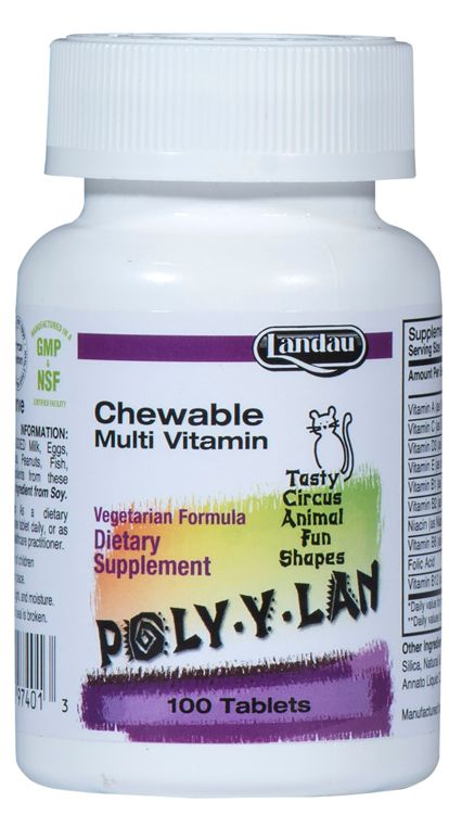 Landau, Kosher POLY-Y-LAN Chewable Multi Vitamin, WITHOUT Iron, Size: 100 Tablets