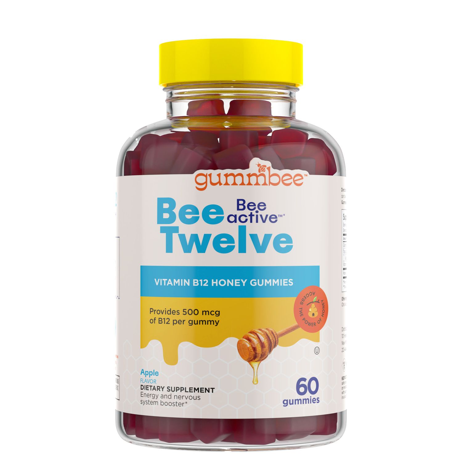 GUMMBEE, BEE TWELVE Vitamin B12 Honey Gummies, Apple Flavor - 60 Gummies